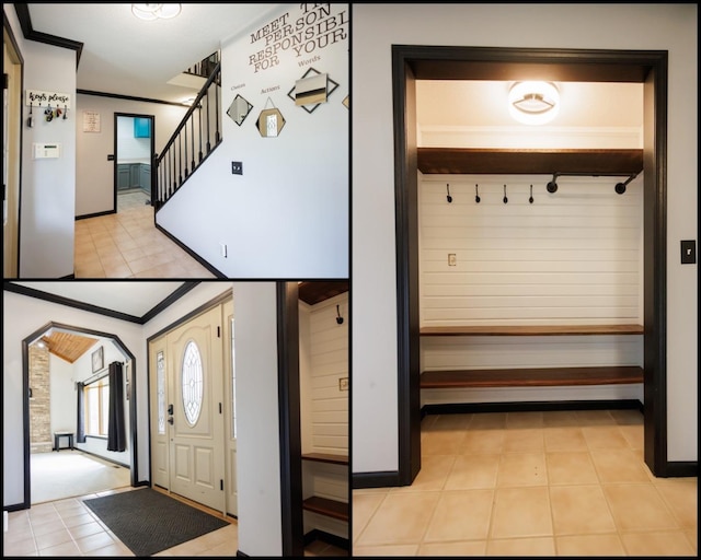 interior space with baseboards, elevator, and ornamental molding