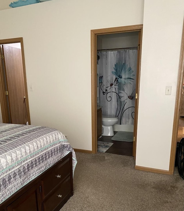 carpeted bedroom with ensuite bath and baseboards