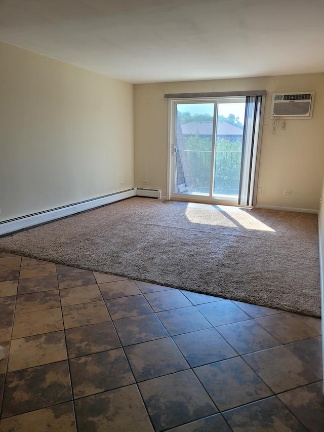 277 Shorewood Dr Unit 2A, Glendale Heights, IL 60139 - empty room featuring baseboards, a wall mounted air conditioner, a baseboard heating unit, and carpet floors