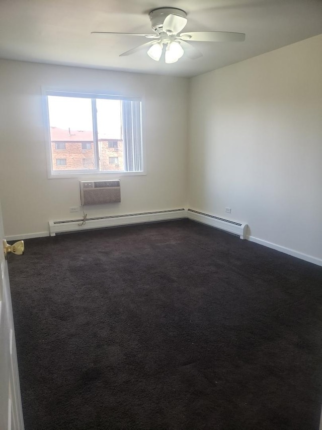 277 Shorewood Dr Unit 2A, Glendale Heights, IL 60139 - spare room featuring an AC wall unit, ceiling fan, dark carpet, and baseboards