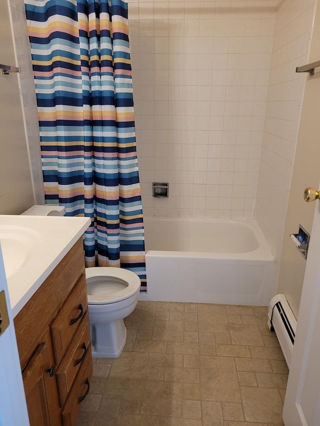 277 Shorewood Dr Unit 2A, Glendale Heights, IL 60139 - full bath with shower / bathtub combination with curtain, a baseboard radiator, vanity, and toilet