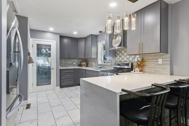 3553 W 77th St, Chicago, IL 60652 - kitchen featuring a sink, stainless steel appliances, a peninsula, marble finish floor, and gray cabinets