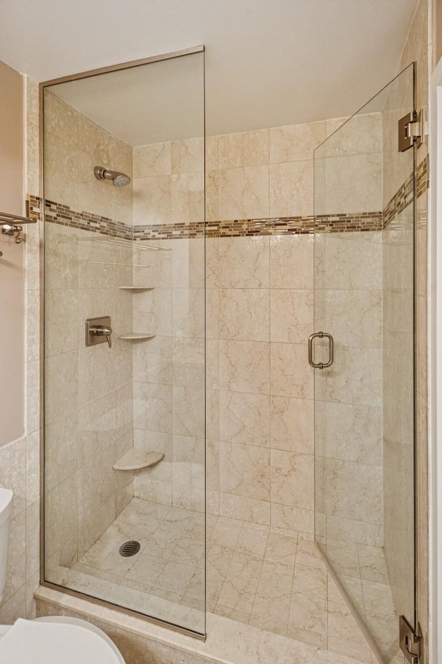 full bathroom with toilet and a stall shower