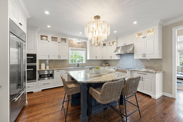 569 Prairie Ave, Glen Ellyn, IL 60137 - kitchen featuring stainless steel appliances, under cabinet range hood, a sink, crown molding, and a chandelier