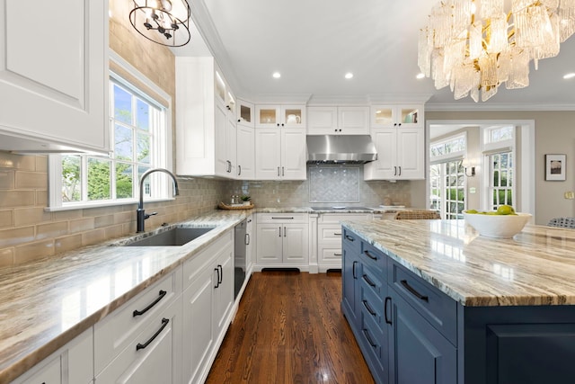 569 Prairie Ave, Glen Ellyn, IL 60137 - kitchen featuring a chandelier, a sink, under cabinet range hood, white cabinets, and crown molding