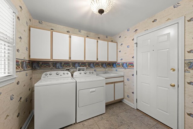 569 Prairie Ave, Glen Ellyn, IL 60137 - washroom featuring cabinet space, washer and dryer, wallpapered walls, and light tile patterned floors