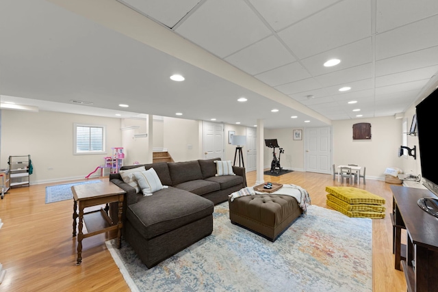 569 Prairie Ave, Glen Ellyn, IL 60137 - living area with light wood-style floors, baseboards, stairs, and recessed lighting