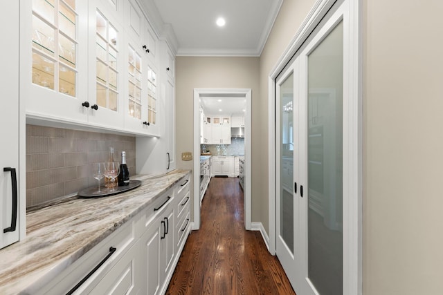 569 Prairie Ave, Glen Ellyn, IL 60137 - indoor dry bar featuring dark wood-type flooring, backsplash, crown molding, and recessed lighting