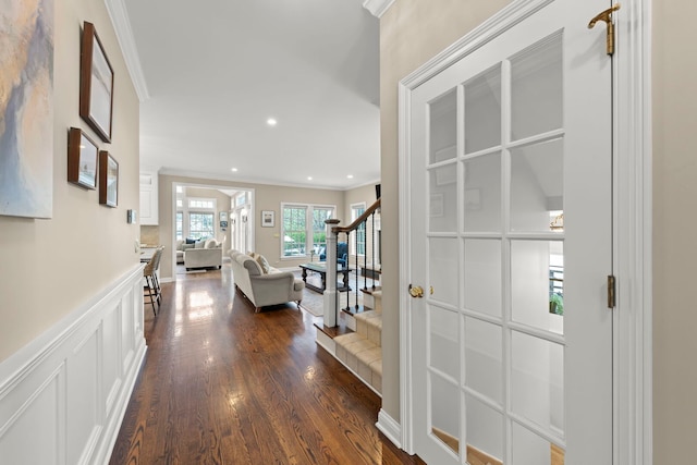 569 Prairie Ave, Glen Ellyn, IL 60137 - foyer entrance with ornamental molding, stairs, dark wood finished floors, and recessed lighting