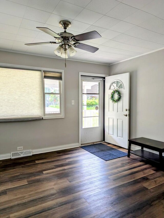 1514 173rd St, East Hazel Crest, IL 60429 - foyer with dark wood-style floors, crown molding, a ceiling fan, and baseboards