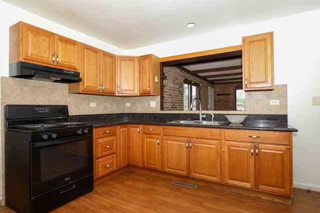 18557 W Country Ln, Grayslake, IL 60030 - kitchen with gas stove, under cabinet range hood, a sink, dark wood-type flooring, and backsplash