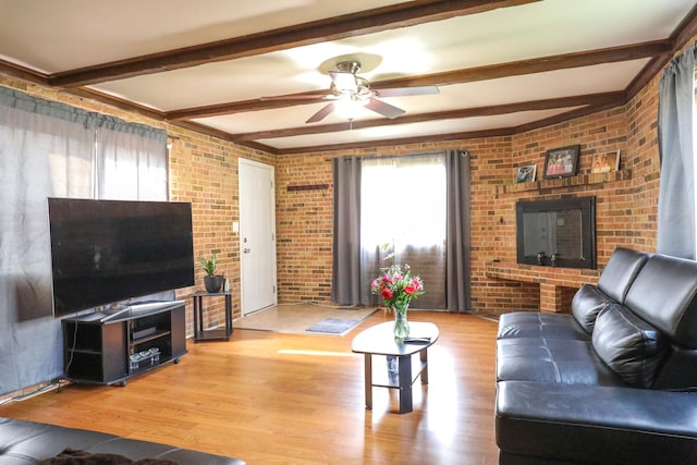 living room featuring beamed ceiling, a ceiling fan, and light wood-style flooring