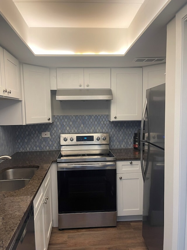 2237 175th St Unit 2B, Lansing, IL 60438 - kitchen with stainless steel appliances, under cabinet range hood, a sink, white cabinets, and tasteful backsplash