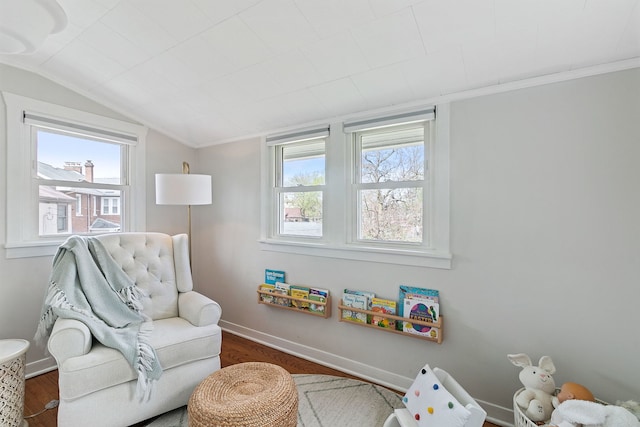 living area with baseboards, vaulted ceiling, a wealth of natural light, and wood finished floors