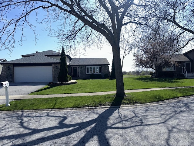 749 Old Meadow Rd, Matteson, IL 60443 - ranch-style house with a front lawn, driveway, brick siding, roof with shingles, and an attached garage