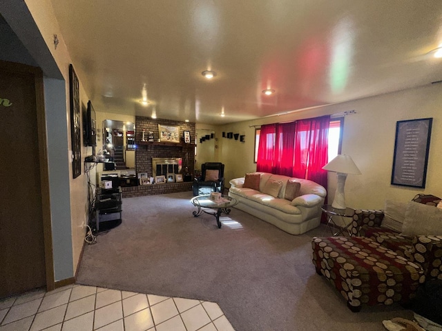 749 Old Meadow Rd, Matteson, IL 60443 - tiled living area with a brick fireplace and carpet