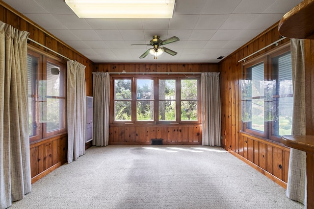 empty room featuring carpet floors, wooden walls, and a healthy amount of sunlight