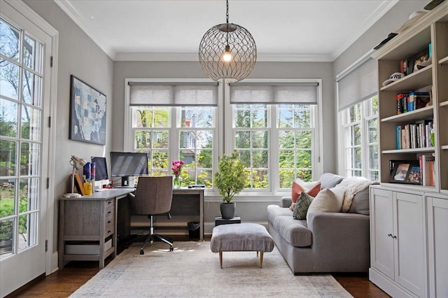 home office featuring dark wood-type flooring and a wealth of natural light