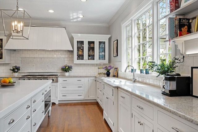 kitchen featuring a sink, plenty of natural light, custom exhaust hood, and white cabinetry