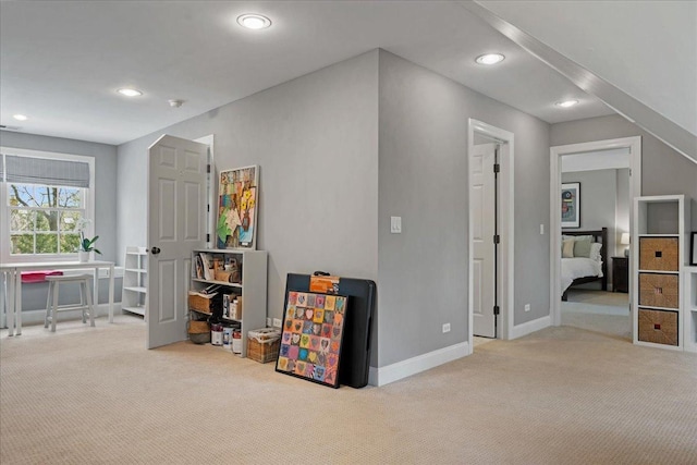 interior space featuring baseboards, carpet flooring, recessed lighting, and visible vents