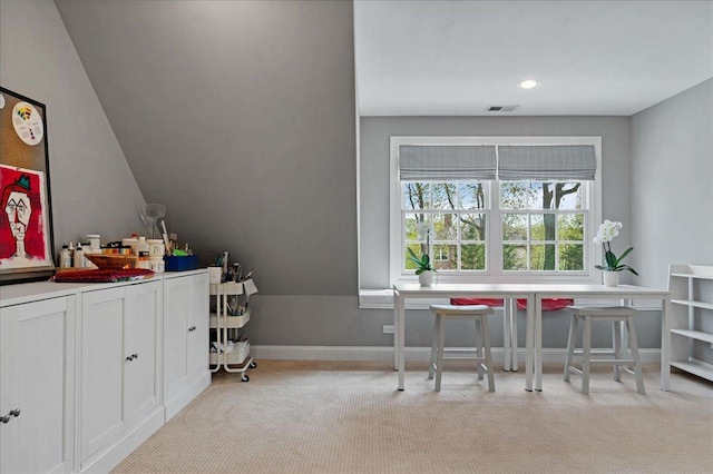 office with carpet floors, recessed lighting, baseboards, and visible vents