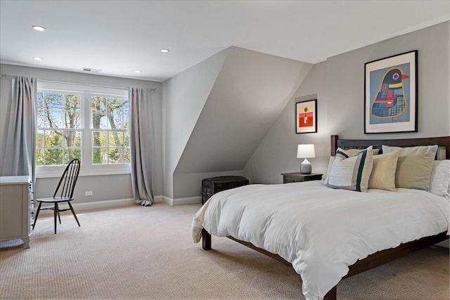 bedroom with recessed lighting, baseboards, light colored carpet, and visible vents