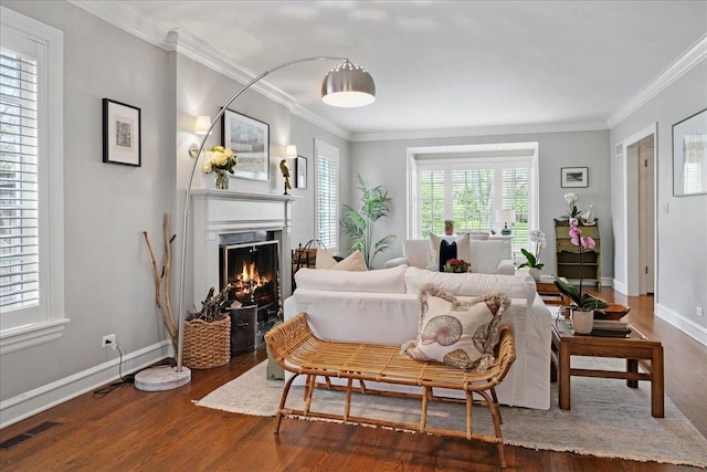 living room with baseboards, ornamental molding, wood finished floors, and a warm lit fireplace