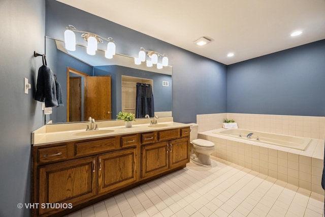 full bath with double vanity, a sink, a bath, and tile patterned floors
