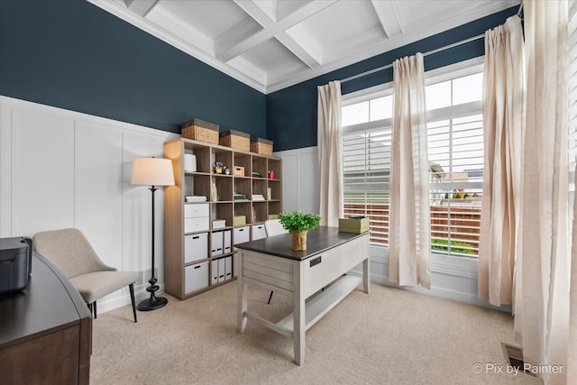 office area with plenty of natural light, coffered ceiling, a decorative wall, and beam ceiling