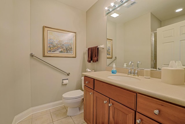 full bathroom featuring tile patterned floors, toilet, vanity, baseboards, and visible vents