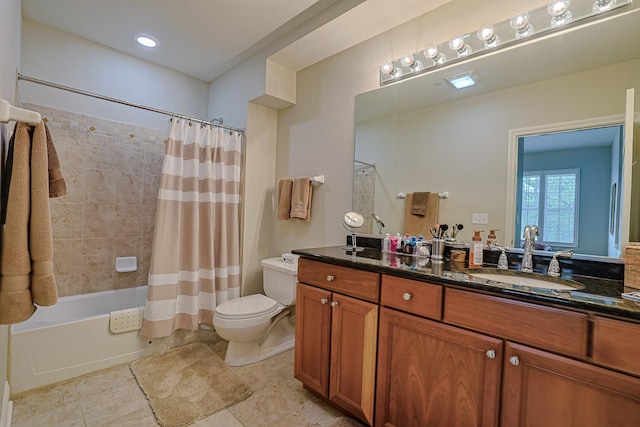 full bath featuring shower / bath combo, vanity, toilet, and tile patterned flooring