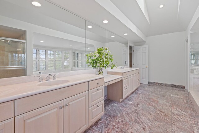880 Woodstream Ct, Lake Forest, IL 60045 - full bath with recessed lighting, a shower stall, two vanities, marble finish floors, and baseboards