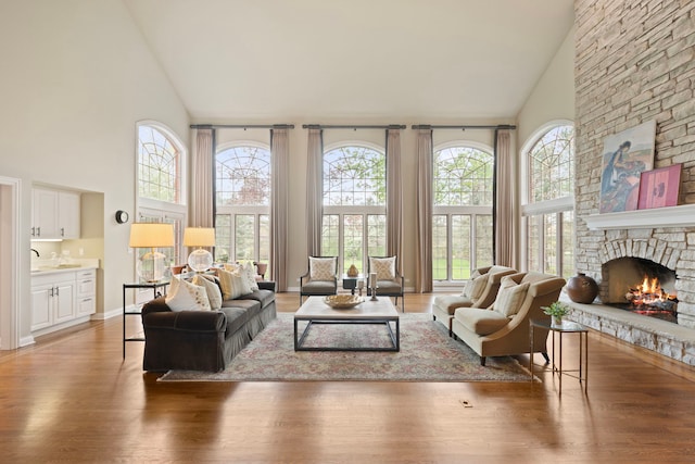 880 Woodstream Ct, Lake Forest, IL 60045 - living area with high vaulted ceiling, wood finished floors, a stone fireplace, and baseboards