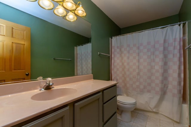 534 Philip Dr, Bartlett, IL 60103 - full bathroom with tile patterned flooring, toilet, vanity, a chandelier, and shower / tub combo with curtain
