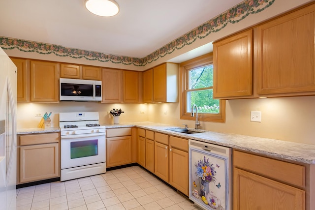534 Philip Dr, Bartlett, IL 60103 - kitchen with white appliances, a sink, light tile patterned flooring, and light brown cabinetry