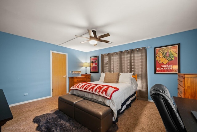 bedroom featuring carpet floors, a ceiling fan, baseboards, and visible vents