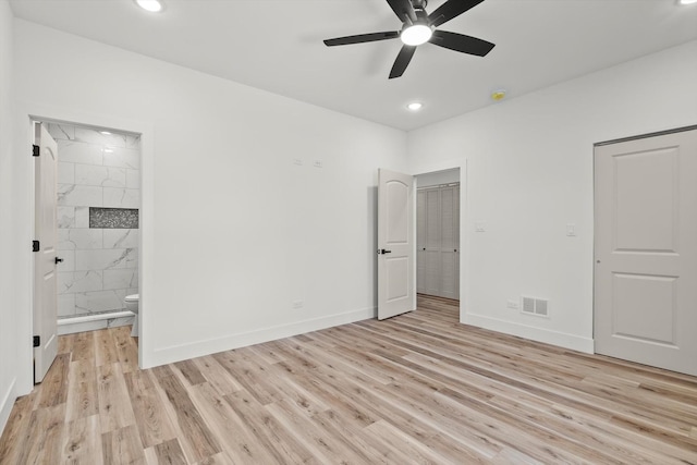 unfurnished bedroom featuring recessed lighting, light wood finished floors, and visible vents