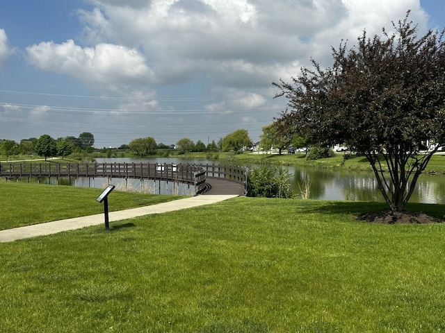 view of home's community with a water view and a lawn