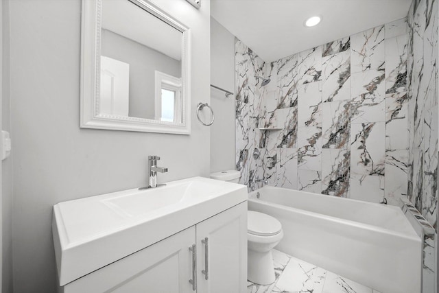 bathroom featuring recessed lighting, toilet, marble finish floor,  shower combination, and vanity