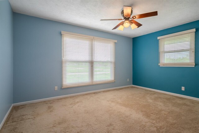 1306 Ewing St, Bloomington, IL 61701 - carpeted empty room featuring baseboards, a textured ceiling, ceiling fan, and a healthy amount of sunlight
