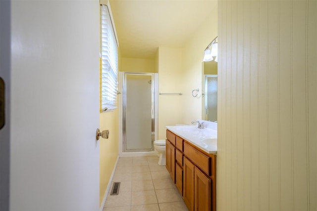 1306 Ewing St, Bloomington, IL 61701 - bathroom featuring visible vents, vanity, tile patterned flooring, toilet, and a shower stall