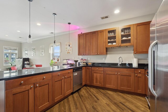 531 N Racine Ave Unit 3, Chicago, IL 60622 - kitchen with appliances with stainless steel finishes, a sink, a peninsula, brown cabinets, and recessed lighting