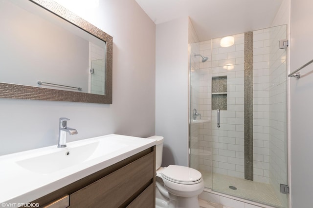 full bath with vanity, a stall shower, and toilet