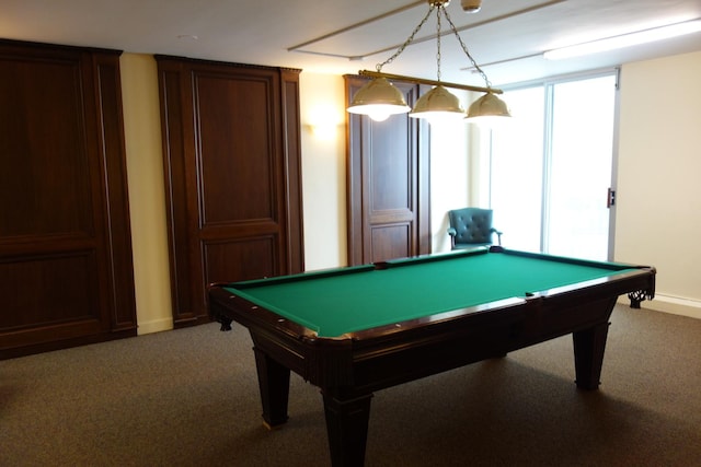 rec room with baseboards, carpet, and pool table