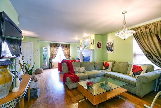 living area with wood finished floors and a fireplace