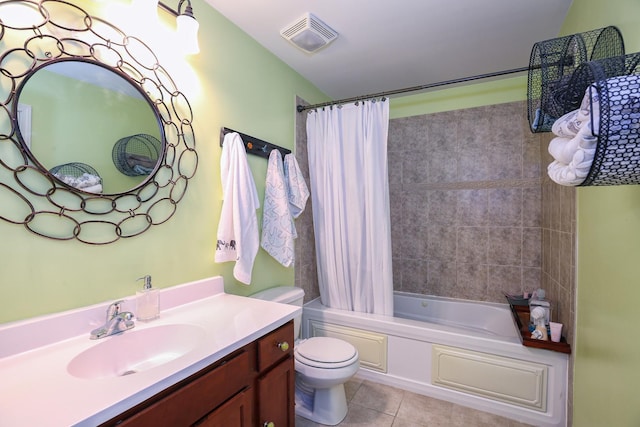 full bath featuring vanity, shower / bath combination with curtain, toilet, visible vents, and tile patterned flooring
