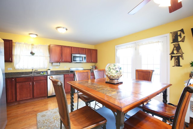 dining space with light wood finished floors, ceiling fan, and plenty of natural light