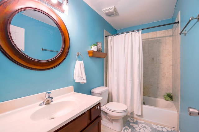 full bathroom featuring visible vents, shower / tub combo, toilet, and vanity