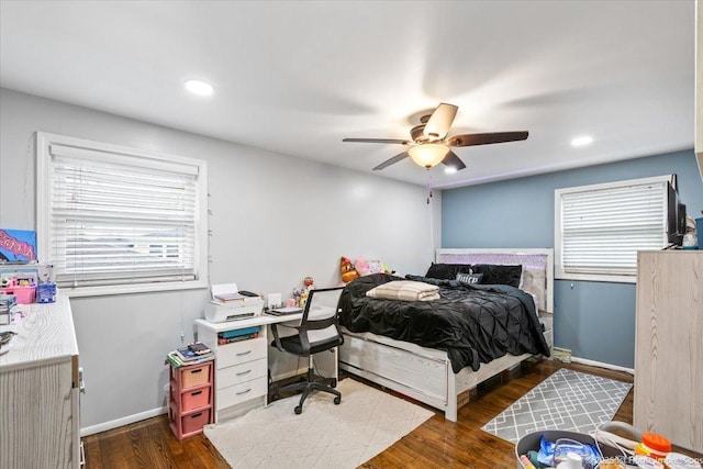 bedroom featuring baseboards, recessed lighting, a ceiling fan, and wood finished floors