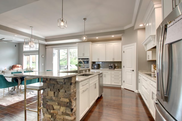 4432 Bryant Dr, Quincy, IL 62305 - kitchen with decorative backsplash, a sink, appliances with stainless steel finishes, dark wood-style flooring, and ornamental molding